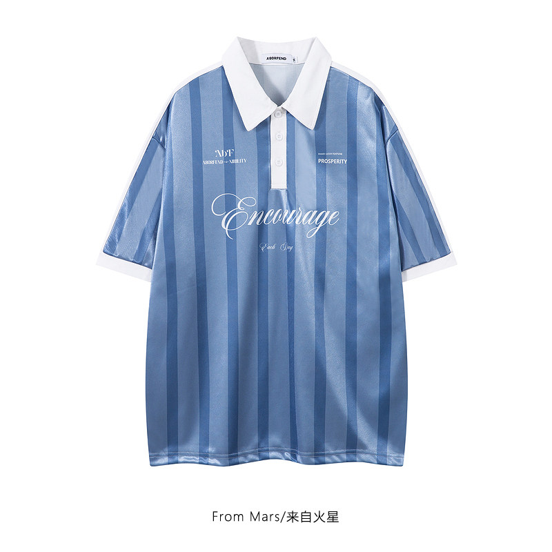 From Mars 轻易离开 美式时尚条纹POLO衫宽松夏季学院风短袖T恤BF