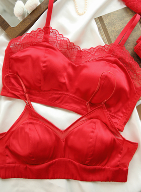 有致本命年结婚新娘大红色内衣法式真丝美背薄款桑蚕丝无钢圈文胸