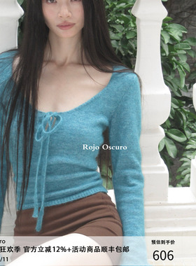 Rojo Oscuro智惠美人 康宝莱马海毛复古琉璃蓝系带喇叭袖套头毛衣