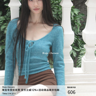 Rojo Oscuro智惠美人 康宝莱马海毛复古琉璃蓝系带喇叭袖套头毛衣