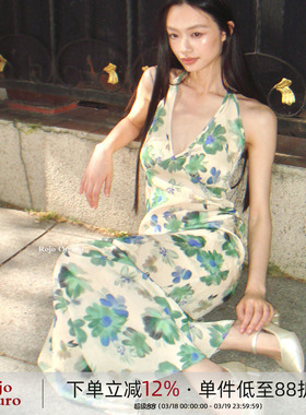 Rojo Oscuro智惠美人挂脖肌理感性感V领度假绿色印花鱼尾连衣裙夏