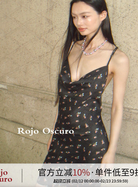 Rojo Oscuro智惠美人深露背荡领叠穿风吊带性感黑色碎花连衣裙女