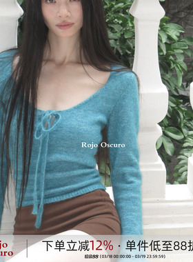 Rojo Oscuro智惠美人 康宝莱马海毛复古琉璃蓝系带喇叭袖套头毛衣