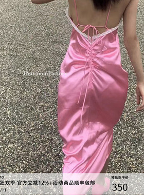 Heirloom 粉色性感蕾丝缎面露背连衣裙女夏季辣妹气质挂脖吊带裙