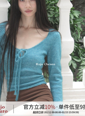 Rojo Oscuro智惠美人 康宝莱马海毛复古琉璃蓝系带喇叭袖套头毛衣