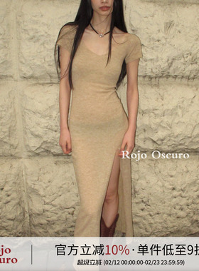 Rojo oscuro智惠美人康宝莱羊毛高开衩织短袖修身温柔约会连衣裙