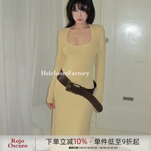 复古奶黄色大U领针织长袖 连衣裙女秋冬收腰显瘦长裙 法式 Heirloom