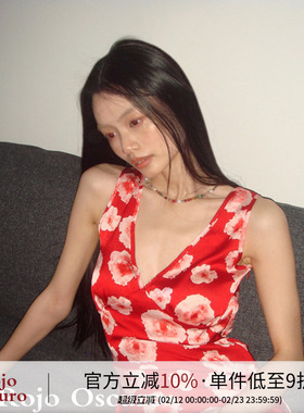 Rojo Oscuro智惠美人缎面深V领性感度假正红色印花系带气质连衣裙