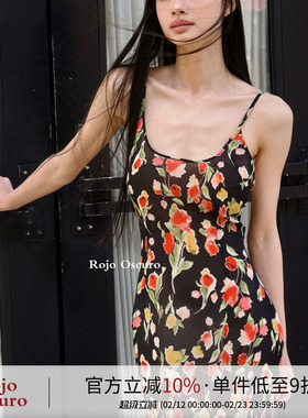 Rojo Oscuro智惠美人深露背碎花度假黑红U领透视约会连衣裙女夏