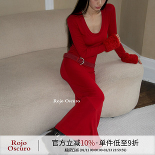 Rojo oscuro 智惠美人天丝棉羊毛正红圣诞U领性感连衣裙毛圈袖口