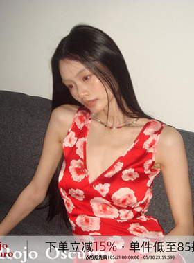 Rojo Oscuro智惠美人缎面深V领性感度假正红色印花系带气质连衣裙