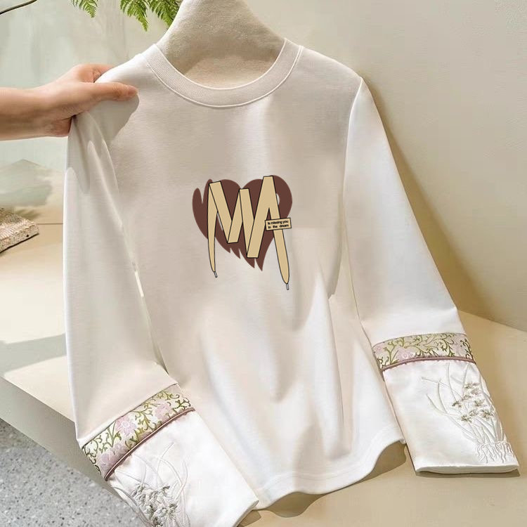 春季薄款圆领长袖上衣女新中式刺绣打底衫中国风文艺纯棉印花t恤