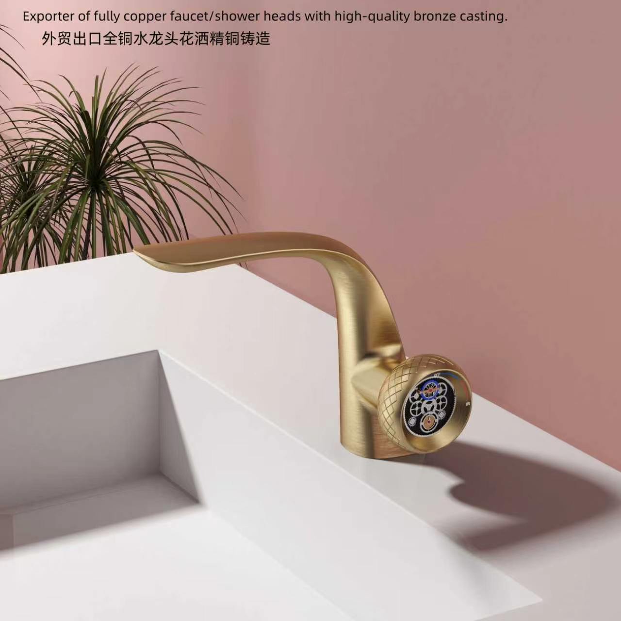外贸出口全铜面盆水龙头单孔台盆洗脸盆玫瑰金冷热龙头机械感飞轮