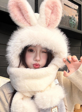 毛绒帽可爱女冬保暖帽子围巾手套