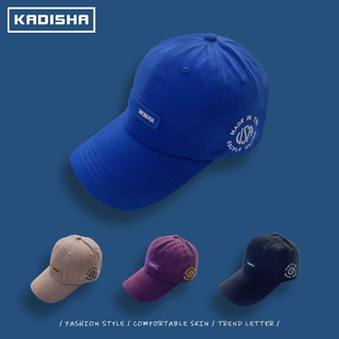 美式 休闲大头围显瘦软顶字母鸭舌帽 小众棒球帽子男宝蓝色春夏时尚