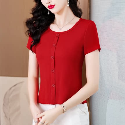 时尚气质纯色短袖t恤夏季新款洋气减龄修身显瘦百搭短款女上衣 棉
