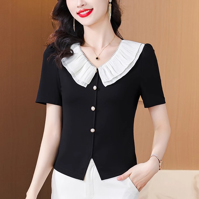 设计感V领短袖t恤女2025夏季新款时尚气质不规则修身半袖短款上衣