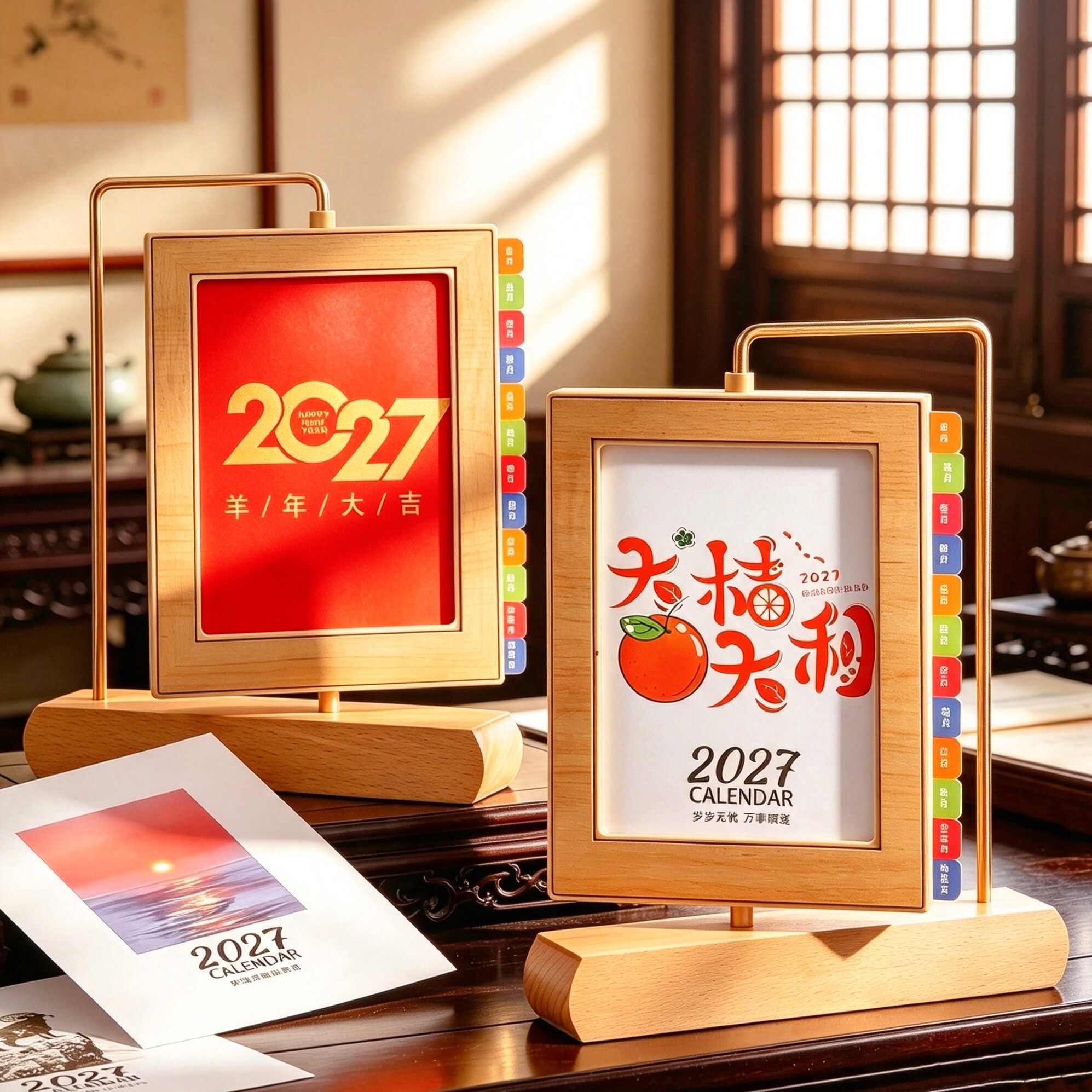 实木台历2027年定制简约相框铁艺木制羊年日历高档高颜值桌面摆件办公桌月历工作打卡台历本专版印刷定做logo