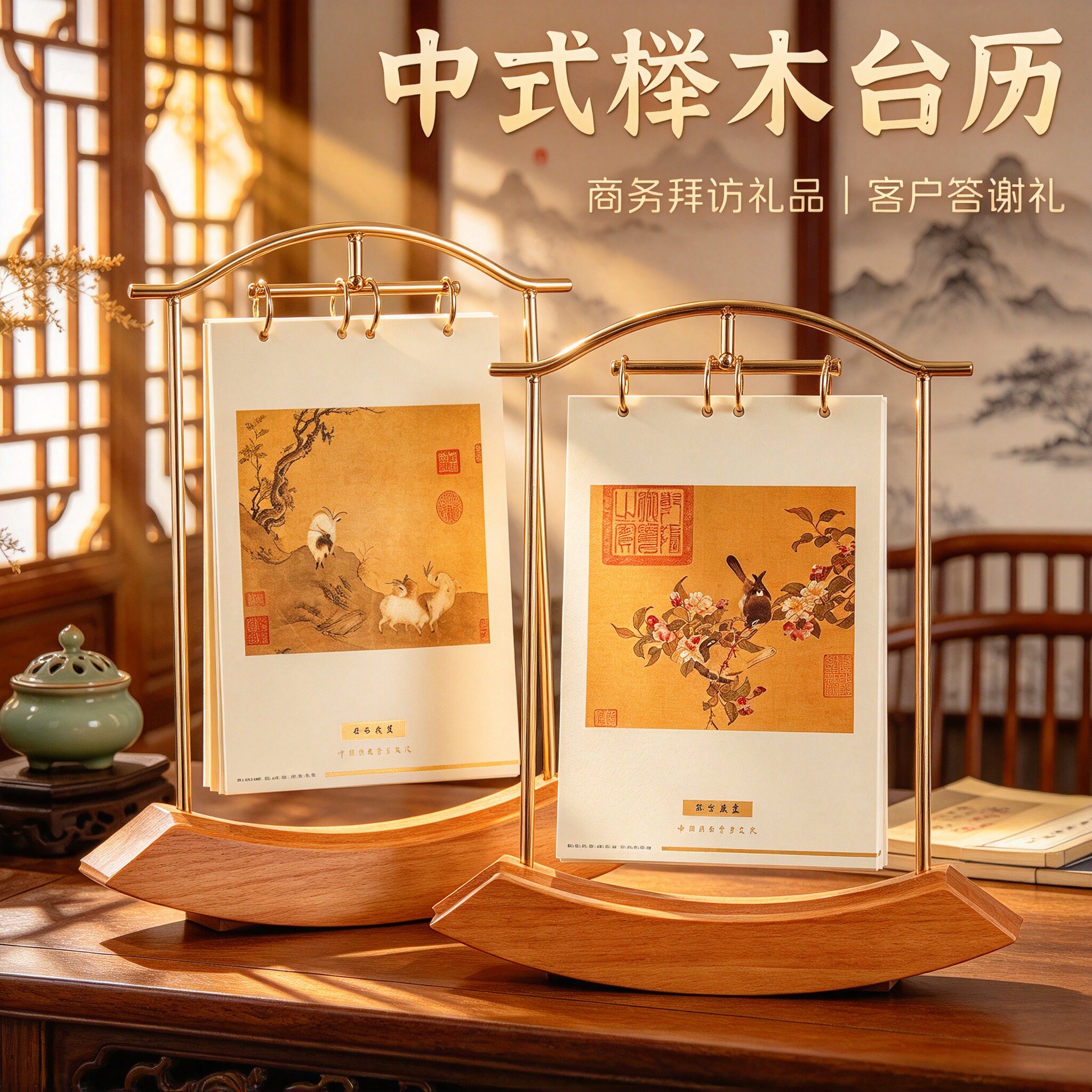 台历2027年新款实木弧形羊年日历故宫文创高档礼盒套装礼物伴手礼铁艺创意办公桌面摆件企业定制广告LOGO印刷