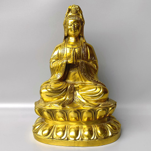 观音铜像双手合十南海观世音菩萨中式玄关摆件坐莲合掌家居装饰品
