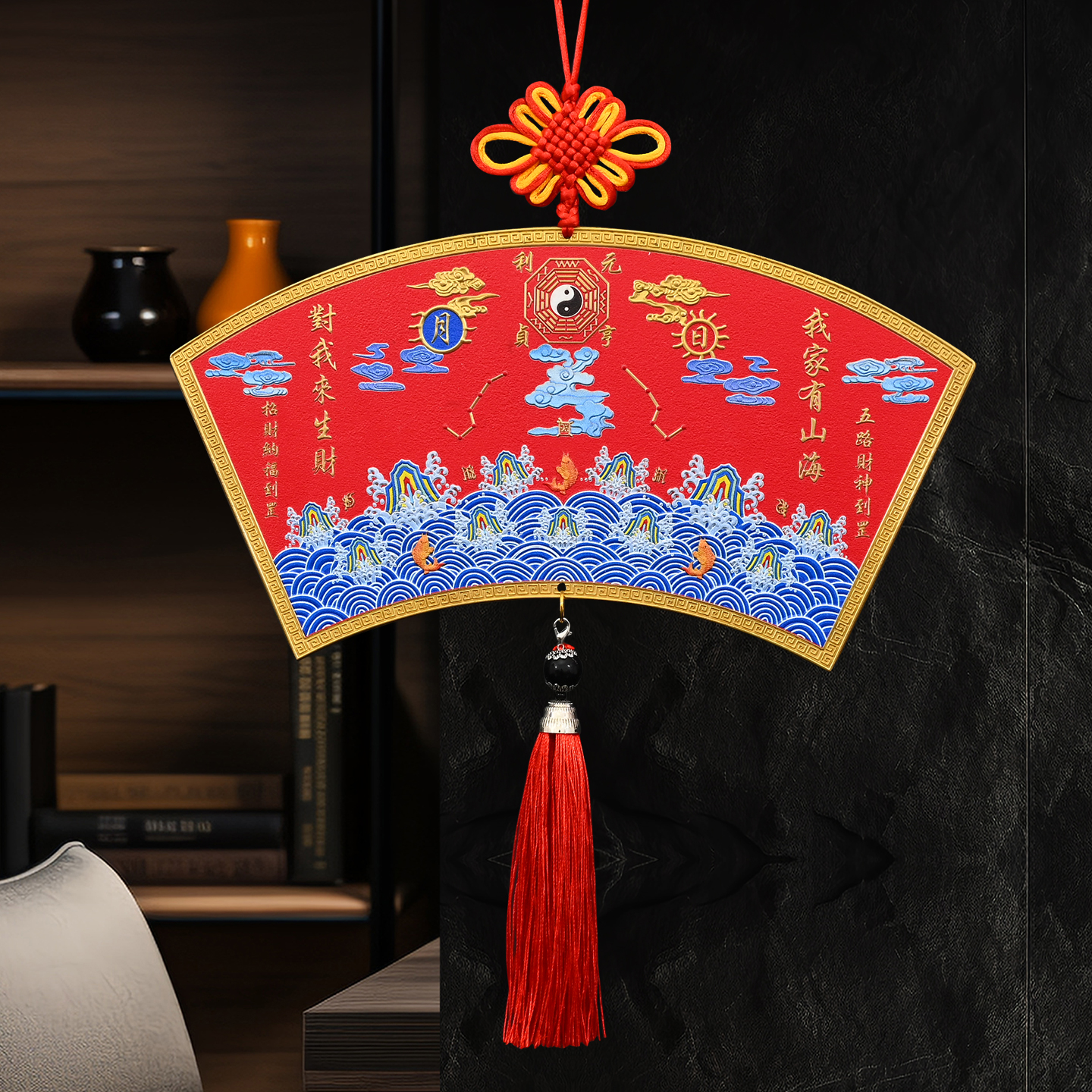 黄铜朱砂红彩绘吉星高照天官赐福山海镇铜牌吉祥物工艺品挂件礼品