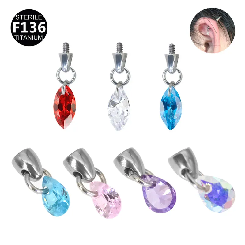 F136钛合金耳骨钉水滴吊坠件子弹头+多色水滴五角星吊坠穿刺饰品