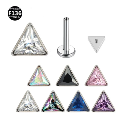 F136钛合金锆石唇钉三角形系列多色镶锆石耳骨钉人体穿刺饰品配件