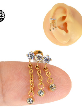 F-136钛合金3条流苏爆闪锆石耳骨钉吊坠时尚唇钉内螺纹穿刺饰品