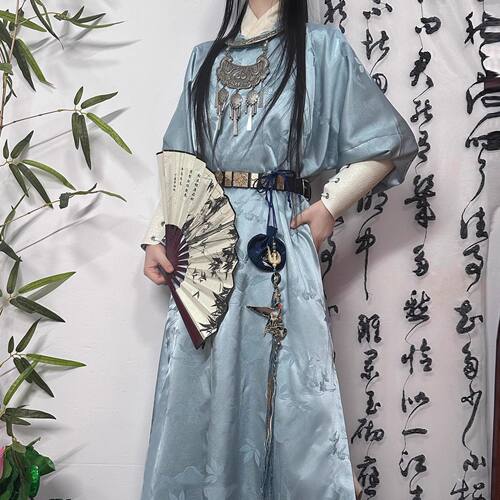 明制汉服男女款蓝色提花唐制圆领袍武侠风帅气女侠大码表演出服
