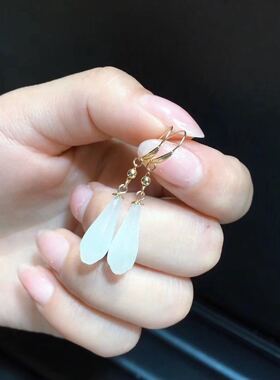 白玉兰花长款流苏金耳环送女友