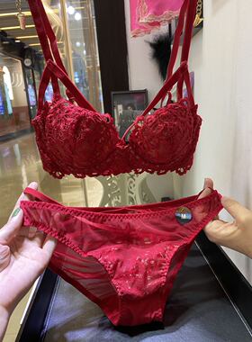 法式夏季超薄女士红色文胸大胸显小性感可爱透明调整形聚拢内衣1