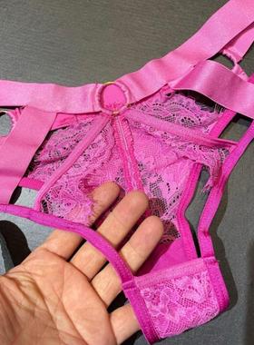 玫红色内裤性感超薄镂空睫毛蕾丝诱惑低腰女黑色三角裤美臀