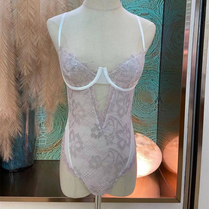 浅粉色性感透明蕾丝超薄塑身连体衣露背女钢托吊带