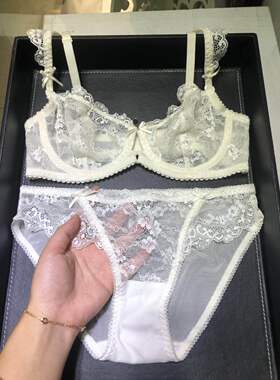 透明性感胸罩法式超薄钢托内衣透气蕾丝大胸显小聚拢调整白色可爱
