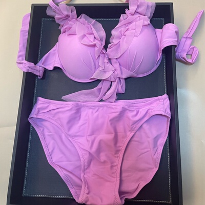 清仓外贸小胸显大聚拢钢托加厚聚拢紫色比基尼三件套泳衣bikini