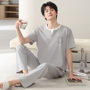 男士大码睡衣男款夏季薄款纯棉短袖长裤加大码宽松全棉家居服套装