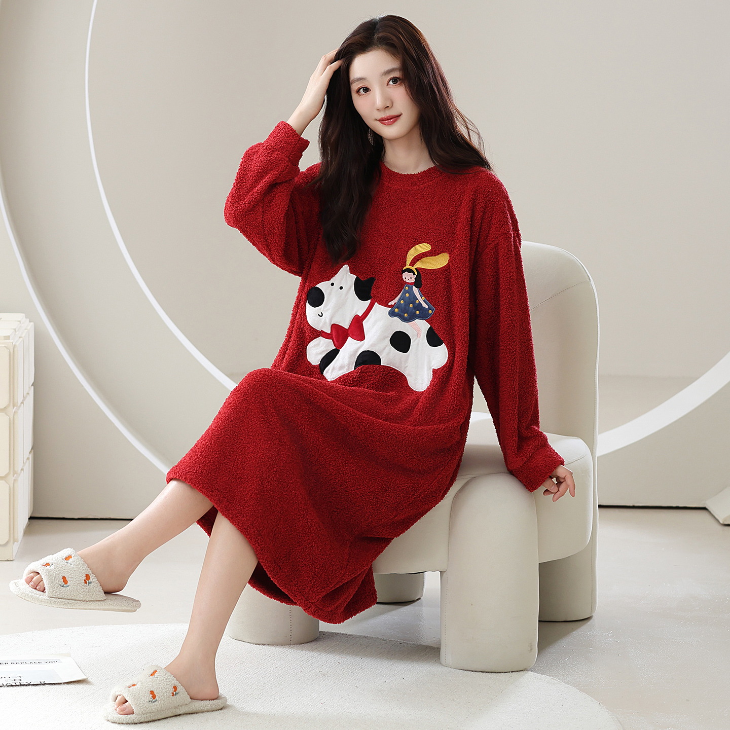 冬季睡裙女保暖加绒加厚长裙卡通甜美半边绒睡衣家居服可外穿裙子
