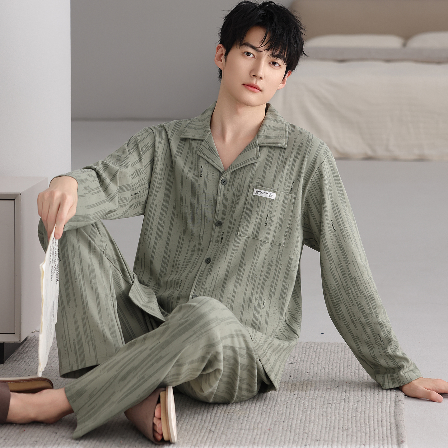 超大码睡衣男士春秋季纯棉长袖青中年爸爸男款全棉家居服秋冬套装