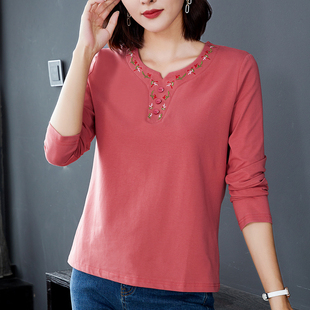 V领内搭中年妈妈洋气装 纯棉长袖 新款 2024春装 百搭秋衣t恤女 打底衫