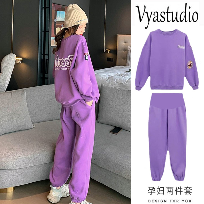 출산 정장 가을 겨울 패션 새로운 한국식 긴팔 느슨한 대형 스포츠 및 레저 플러스 벨벳 두꺼운 투피스 유행 세트