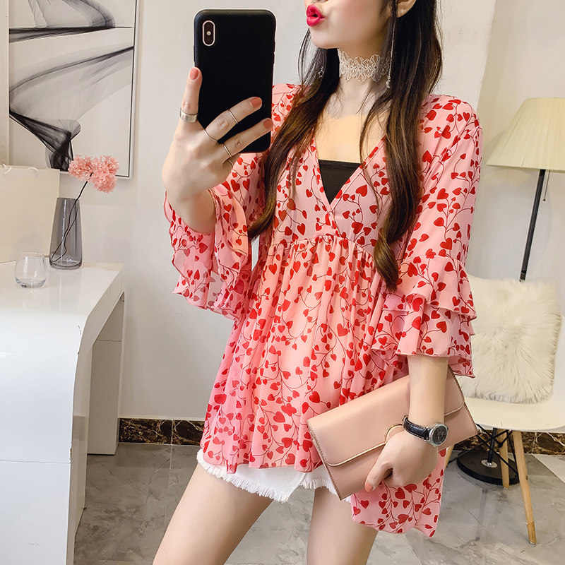 산모 여름 정장 패셔너블한 한국식 반팔 패션 베이비돌 셔츠 쉬폰 꽃무늬 탑 여름 투피스 세트