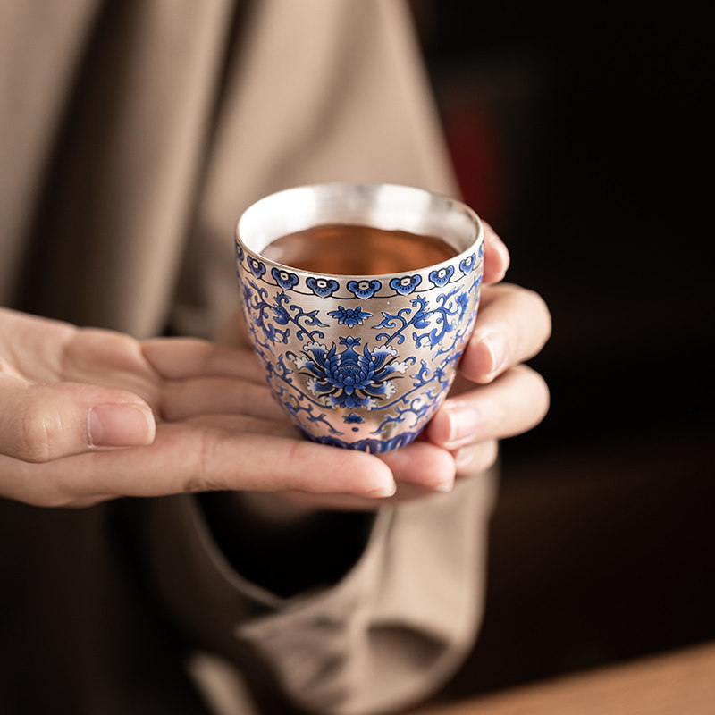 鎏银缠枝莲茶杯高雅复古功夫茶具单个古色古香中式陶瓷简约喝茶杯