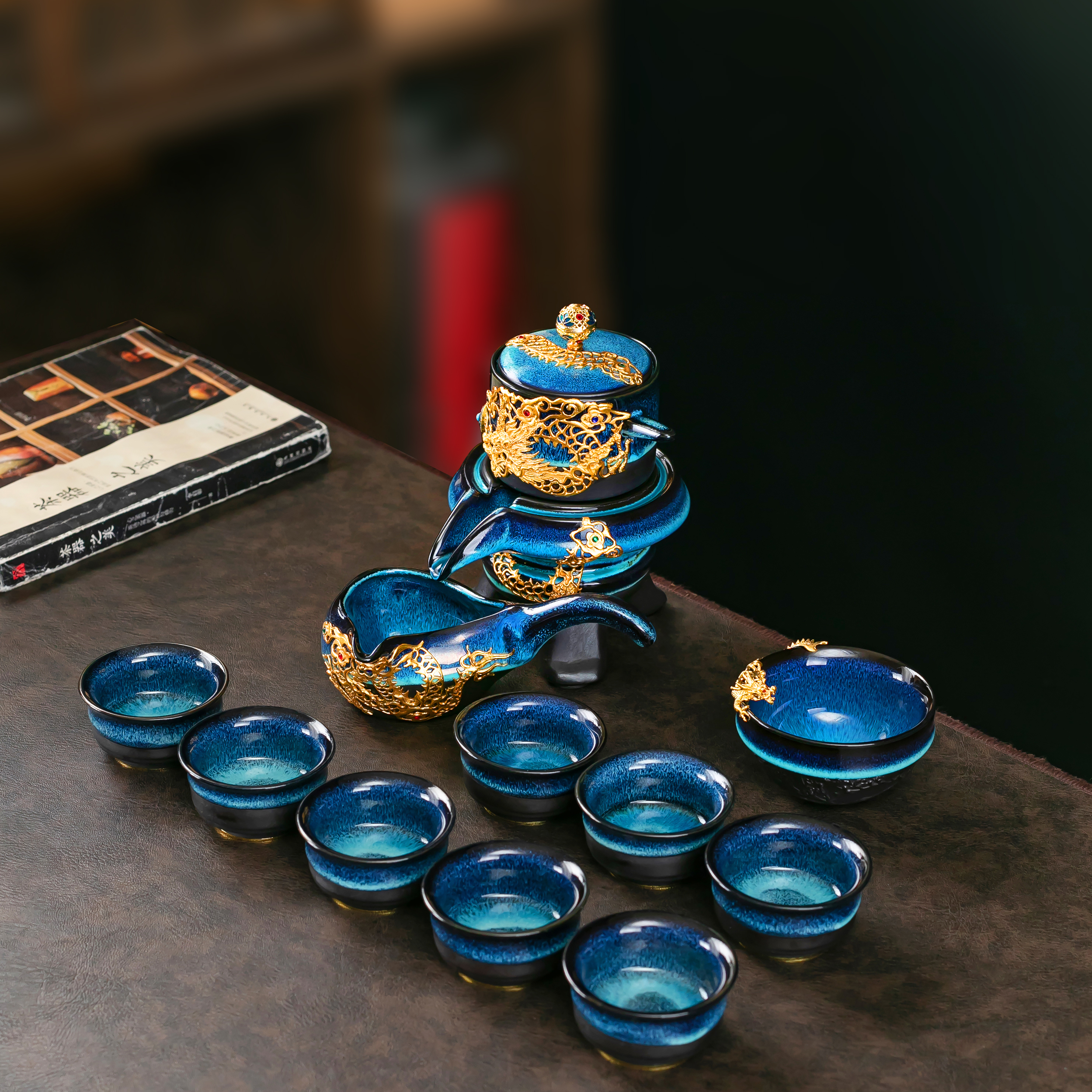 窑变金镶玉自动茶具套装家用旋转出水懒人神器精美复古功夫茶具