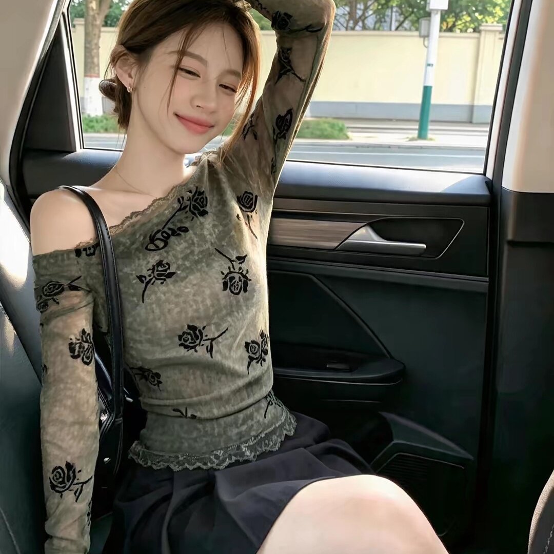 复古灰绿玫瑰印花露肩长袖T恤女T恤