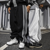 宽松加绒卫裤 BLACUL千鸟格拼接条纹休闲裤 冬嘻哈街舞肥大运动裤 男