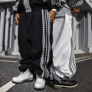 男 宽松加绒卫裤 BLACUL千鸟格拼接条纹休闲裤 冬嘻哈街舞肥大运动裤