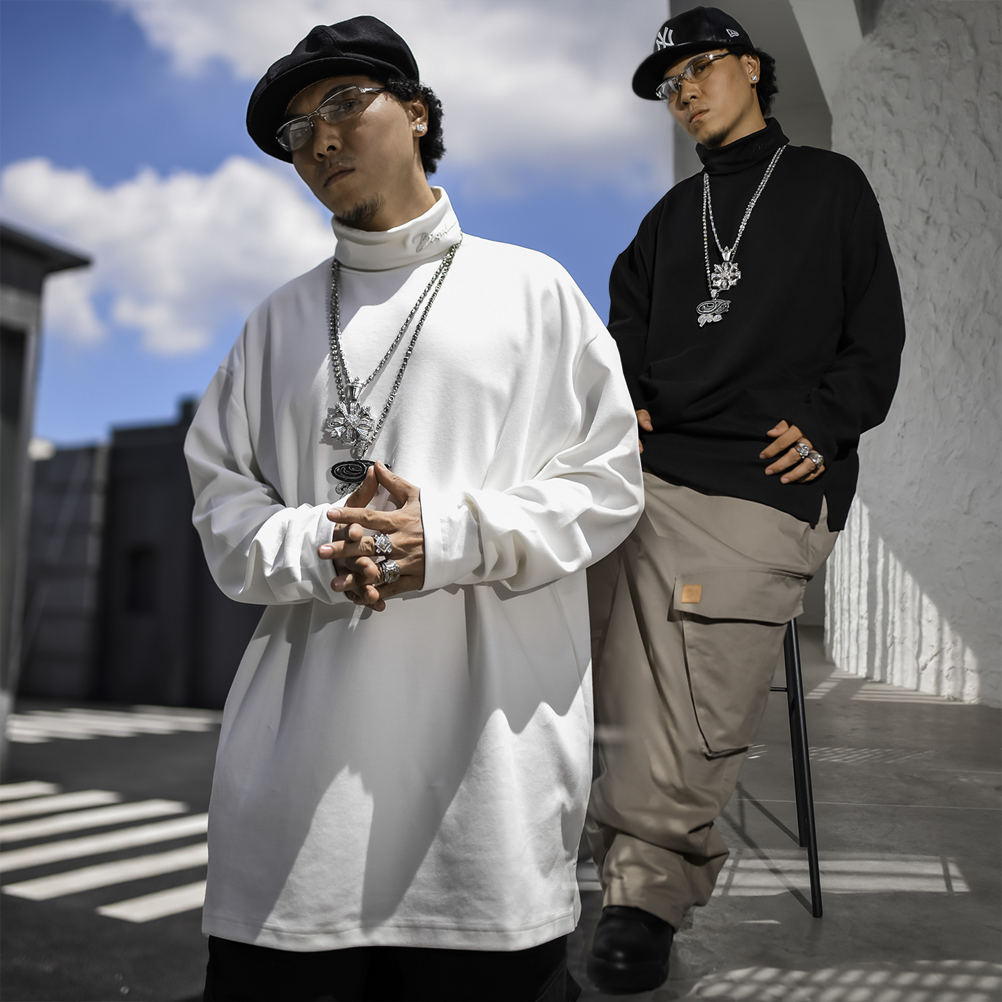 BLACUL 刺绣高领纯色长袖T恤男保暖打底衫百搭宽松嘻哈复古老钱风