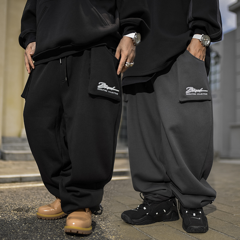 BLACUL立体多袋加绒卫裤男宽松肥大休闲裤秋冬束脚裤街舞嘻哈长裤