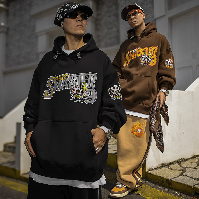 BLACUL 重磅刺绣火焰骰子卫衣男宽松肥大hiphop嘻哈运动帽衫加绒