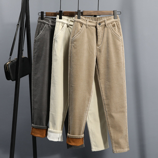 子宽松胖MM加大码 加绒哈伦休闲裤 加厚高腰灯芯绒老爹裤 新款 女冬季